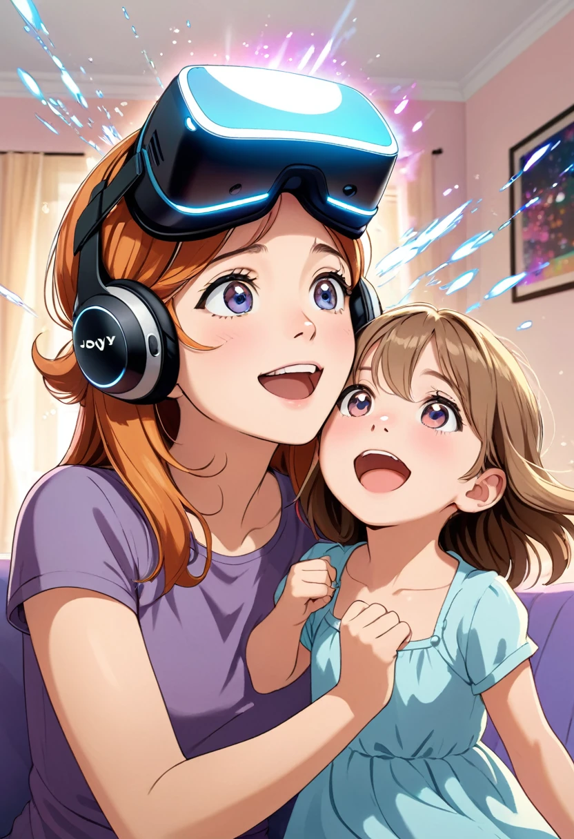 make a woman immersed in virtual reality looking at her daughter in virtual reality with eyes of joy and excitement streaming down her face