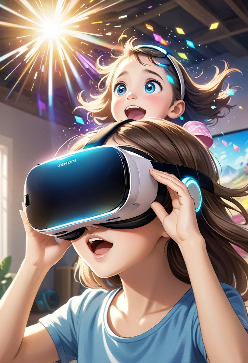 make a woman immersed in virtual reality looking at her daughter in virtual reality with eyes of joy and excitement streaming down her face