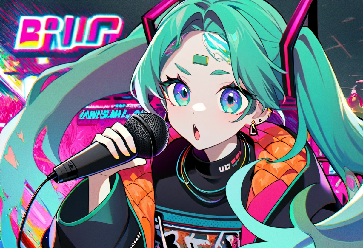 Hatsune Miku、Painting from the neck up、Hold the microphone、Like a raging fire、Eyes with the highest image quality、Beautiful eyes、Vivid Color、Street Style、Cool clothes、Put sunglasses on your forehead、Earrings、sing、Awesome、Raised eyebrows、Brave