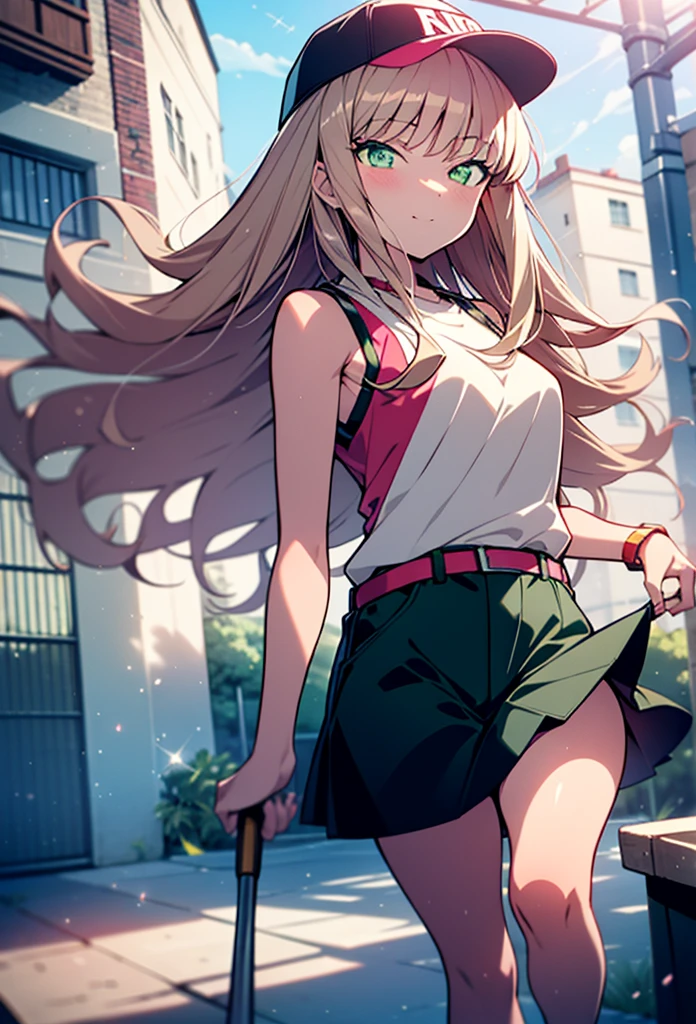 minami yume ,sss Dynazenon ,Long Hair, Brown Hair, (Green Eyes:1.5) ,blush,smile,hair band,Sleeveless shirt,Baseball cap,Long skirt,sneakers,Daytime,Clear skies,Walking,whole bodyがイラストに入るように, break looking at viewer, whole body, break outdoors ,Building district, break (masterpiece:1.2), Highest quality, High resolution, unity 8k wallpaper, (shape:0.8), (Beautiful and beautiful eyes:1.6), Highly detailed face, Perfect lighting, Extremely detailed CG, (Perfect hands, Perfect Anatomy),
