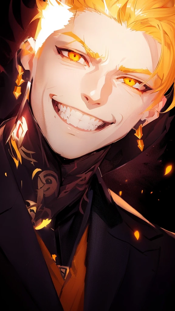 anime guy with blonde hair, Orange eyes and tattoos smiling at the camera, handsome guy in demon slayer art, evil smile and glowing eyes, uncanny smile, smiling maniacally, [[[[grinning evily]]]], evil grin, insane smile, sly smile, portrait gapmoe yandere grimdark, with glowing eyes, wide grin, he is smiling