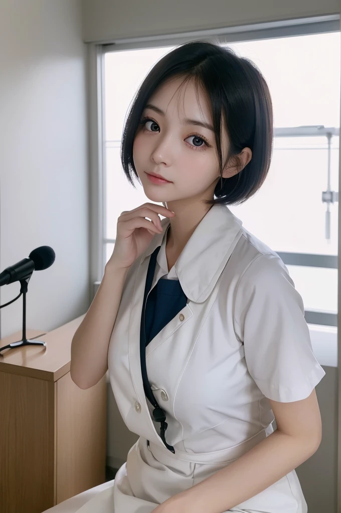 (1 Girl )、(Beautiful Japanese、24years old,round face、Refreshing、clear、seems kind、stylish、Pitiful、cute like an angel、cute、black eyes、(Single eyelid:1.3)、Beautiful skin), {(Japan human face:1.4),(General facial features)} , (((Beautiful breasts:0.4))),(((soft breasts))),(very cute),(short bob hair,black hair,),(enchanting eyes),(highlight on eyes:1.2)、(8K、Live shooting、highest quality、masterpiece:1.2、optimal lighting)、((masterpiece)),(Photo taken by a professional photographer),(real、photo real:1.4),BREAK,{ (White nurse costume),(((taraditional nurse uniform))),,{(White nurse tight skirt)}},( Shy:1.4),() break, hospital,Face shot:1.0、 face close-up,,(((1970s vibe)))、Hospital ,dynamic angle,sitting,looking back