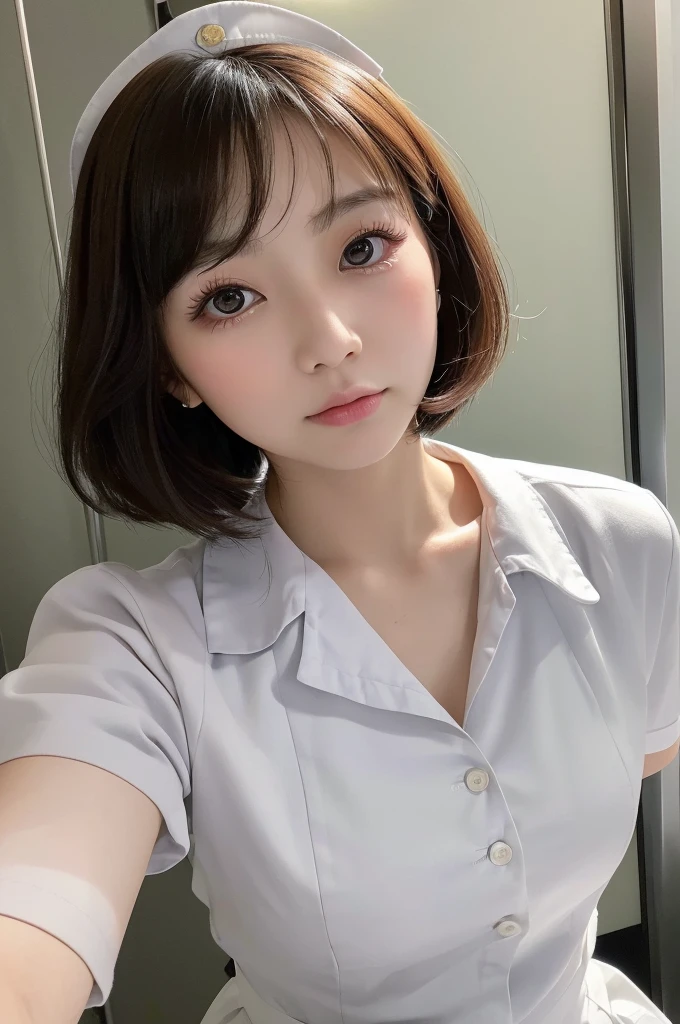 (1 Girl)、(Beautiful Japanese、18years old,round face、Refreshing、clear、seems kind、stylish、Pitiful、cute like an angel、cute、black eyes、,actress,Almond-shaped eyes), Good style , (Beautiful big breasts:1.2),(soft breasts),(very cute),(Black hair),(short bob hair),(enchanting eyes),(highlight on eyes:1.2)、(8K、Live shooting、highest quality、masterpiece:1.2、optimal lighting)、((masterpiece)),(Photo taken by a professional photographer),(real、photo real:1.4),break,{ (White nurse costume),(((taraditional nurse uniform))),(White nurse mini skirt),((White pantyhose)),(cleavage:0.7)},(Worried face),(cheeks are red:1.2), break, break,Hospital,Face shot:1.3、Examination room、Looking at viewer, face close-up,Dynamic angle