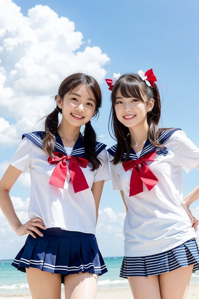 2 girls standing in beach,cumulonimbus cloud in summer blue sky,white sailor shirt with red bow tie,BREAK,white panties,18-year-old,bangs,a little smile,thighs,knees,short hair with low pigtails bunches,from below,front light