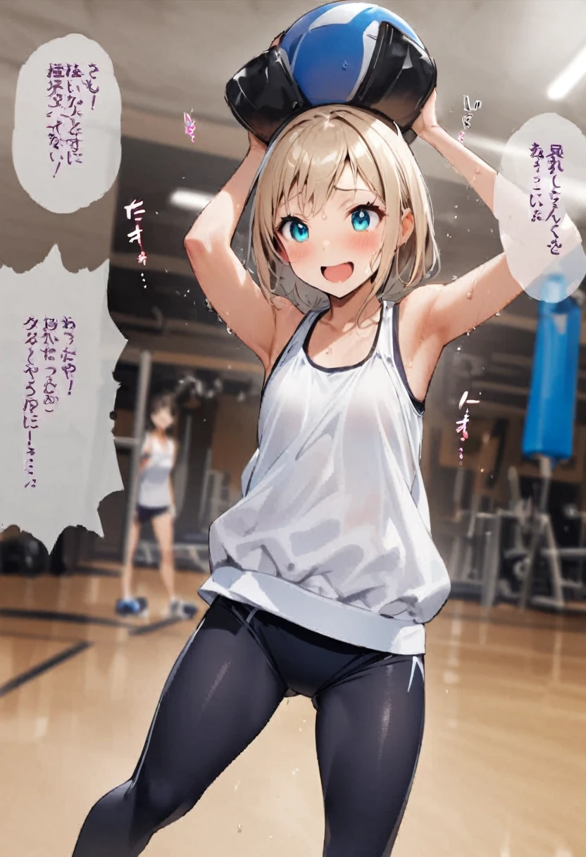 At the gym、exercise、Fitness、spats、training、Girl、Girl、Short、Younger、Lower school year、Baby Face、Both eyes open、flat chest、refreshing、Innocence、smile、Dynamic Angle、Sweat、sports、Equipment、Wearing clothes、Dynamic Pose
