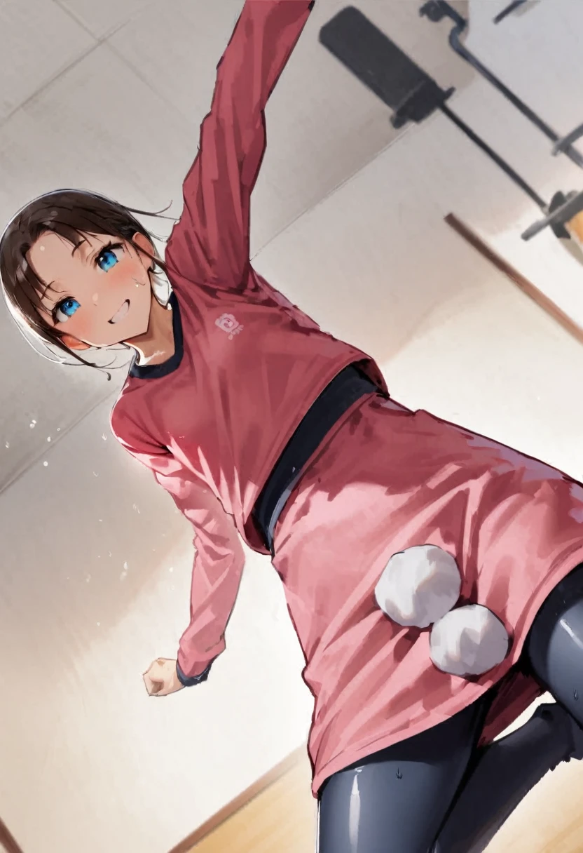 At the gym、exercise、Fitness、spats、training、Girl、Girl、Short、Younger、Lower school year、Baby Face、Both eyes open、flat chest、refreshing、Innocence、smile、Dynamic Angle、Sweat、sports、Equipment、Wearing clothes、Dynamic Pose