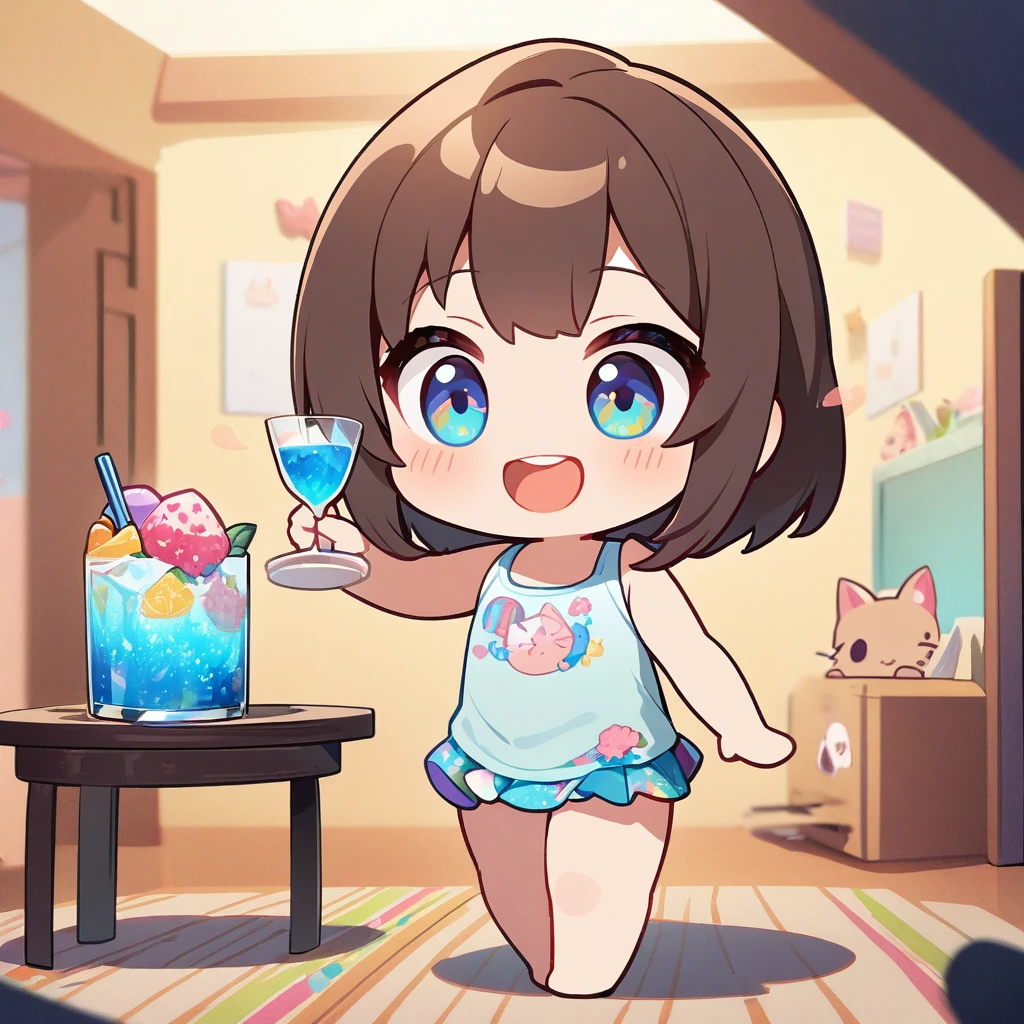 masterpiece、Highest quality、Depth of subject、２D illustration、1 beautiful girl、独奏, (((chibi style)))、((Long, beautiful hair))、shiny brown hair、cute、Beautifully detailed eyes、((Tank top))、a glass of blue soda, ((colorful))、mini skirt、((happy smile))、((kitten cluster)), ((full body shot))、((in the room))、((There&#39;s a lot of pink around))、Thighs、((vivid color))、sparkle、((Lens flare))、