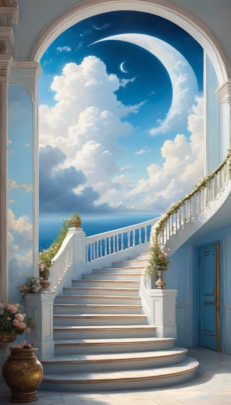 painting,Volume sense,A beautiful ethereal landscape, a long white cloud staircase leading to a door in a quiet blue sky, fluffy soft white clouds,Small Crescent, like a dream, fantastic, (best quality, 4K,8K, high resolution, Masterpiece :1.2), very detailed, (practical, photoppractical, Photo practical :1.37), landscape, fantasy, Dramatic lighting, bright colors, quiet, calming, calming, ethereal atmosphere