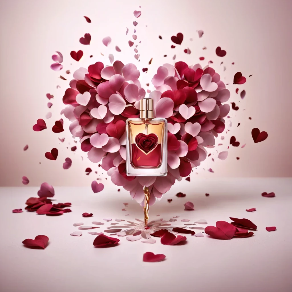 hanging perfume container spilling cascading red hearts transitioning with colorful rose petals to the floor, araffe heart shaped bottle of perfume with petals and hearts flying around, by Aleksander Kotsis, by Zofia Stryjenska, by Jakob Gauermann, by Arabella Rankin, by Emma Andijewska, by Anna Findlay, by Alfredo Volpi, by Mathias Kollros, by Gabriel Ba, by Anato Finnstark