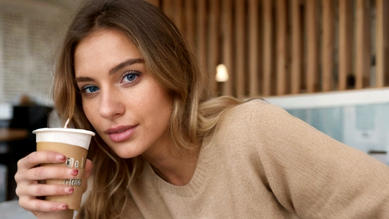 Beautiful brunette with blonde highlights wearing a beige sweater (in a cafe drinking soda), very detailled, 22 years old, inoccent face, natural wavy hair, blue colored eyes, high resolution, work of art, best qualityer, high and intricate details, highy detailed, sharp focus, skin detailed, realistic skin texture, texture, detailedeyes, proffesional, 4K, charming smile, filmed in canon, 85mm, Shallow depth of field, Kodak Vision Colors, perfect shape body, extremely detaild, fotr_\(ultra\), photorrealistic, realisitic, after treatment, maximum details, roughness, real-life, ultra realist, fotorrealism, fot, 8k hd, fot