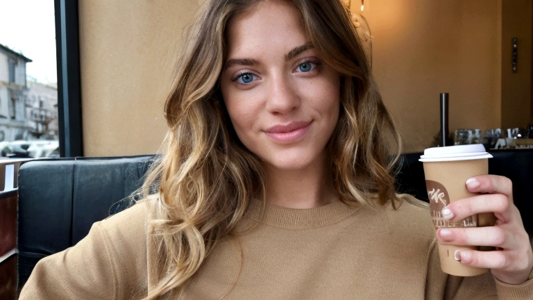 Beautiful brunette with blonde highlights wearing a beige sweater (in a cafe drinking soda), very detailled, 22 years old, inoccent face, natural wavy hair, blue colored eyes, high resolution, work of art, best qualityer, high and intricate details, highy detailed, sharp focus, skin detailed, realistic skin texture, texture, detailedeyes, proffesional, 4K, charming smile, filmed in canon, 85mm, Shallow depth of field, Kodak Vision Colors, perfect shape body, extremely detaild, fotr_\(ultra\), photorrealistic, realisitic, after treatment, maximum details, roughness, real-life, ultra realist, fotorrealism, fot, 8k hd, fot