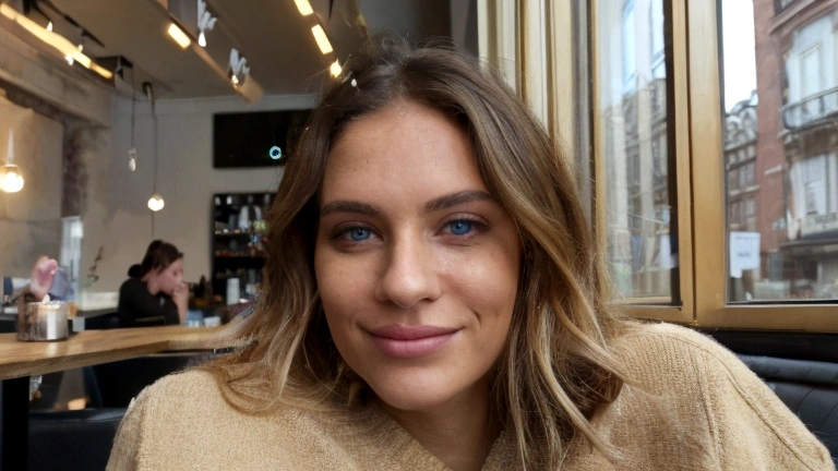 Beautiful brunette with blonde highlights wearing a beige sweater (in a cafe drinking soda), very detailled, 22 years old, inoccent face, natural wavy hair, blue colored eyes, high resolution, work of art, best qualityer, high and intricate details, highy detailed, sharp focus, skin detailed, realistic skin texture, texture, detailedeyes, proffesional, 4K, charming smile, filmed in canon, 85mm, Shallow depth of field, Kodak Vision Colors, perfect shape body, extremely detaild, fotr_\(ultra\), photorrealistic, realisitic, after treatment, maximum details, roughness, real-life, ultra realist, fotorrealism, fot, 8k hd, fot