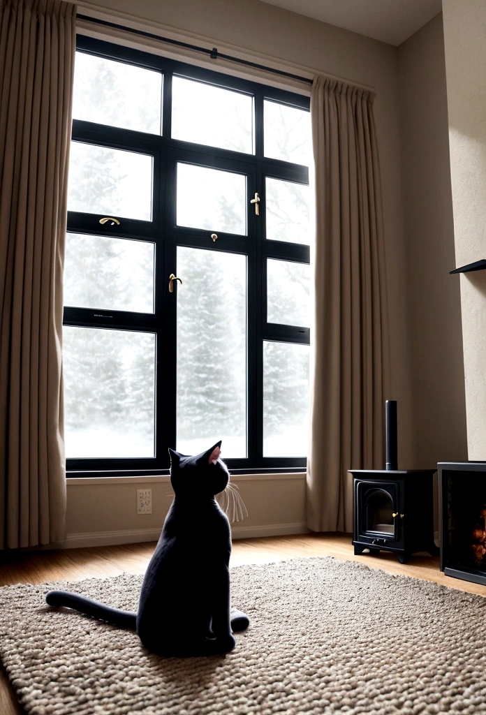 cat black, Playing with wool yarn, on the carpet, inside a living room, with a fireplace in the living room, on a rainy day, showing the rain outside on the living room window