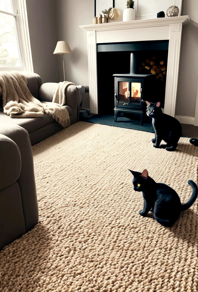 cat black, Playing with wool yarn, on the carpet, inside a living room, with a fireplace in the living room, on a rainy day, showing the rain outside on the living room window