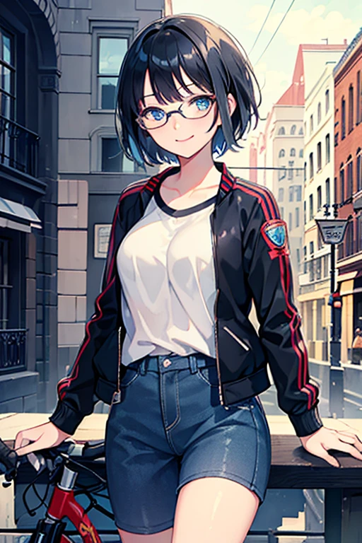 ((Highest quality)), ((masterpiece)), (Familiar), Illustration Style,Perfect Face,1 Girl,Black Hair,Short Hair,Glowing Skin,big, Bright Blue Eyes,Beautiful Bangs,Small breasts,Super Beauty,woman,,Riders jacket,Beautiful clothes,bike,Touring,Glasses,smile