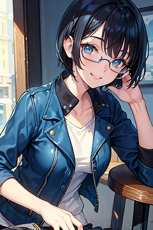 ((Highest quality)), ((masterpiece)), (Familiar), Illustration Style,Perfect Face,1 Girl,Black Hair,Short Hair,Glowing Skin,big, Bright Blue Eyes,Beautiful Bangs,Small breasts,Super Beauty,woman,16 years old,Riders jacket,Beautiful clothes,bike,Touring,Glasses,smile