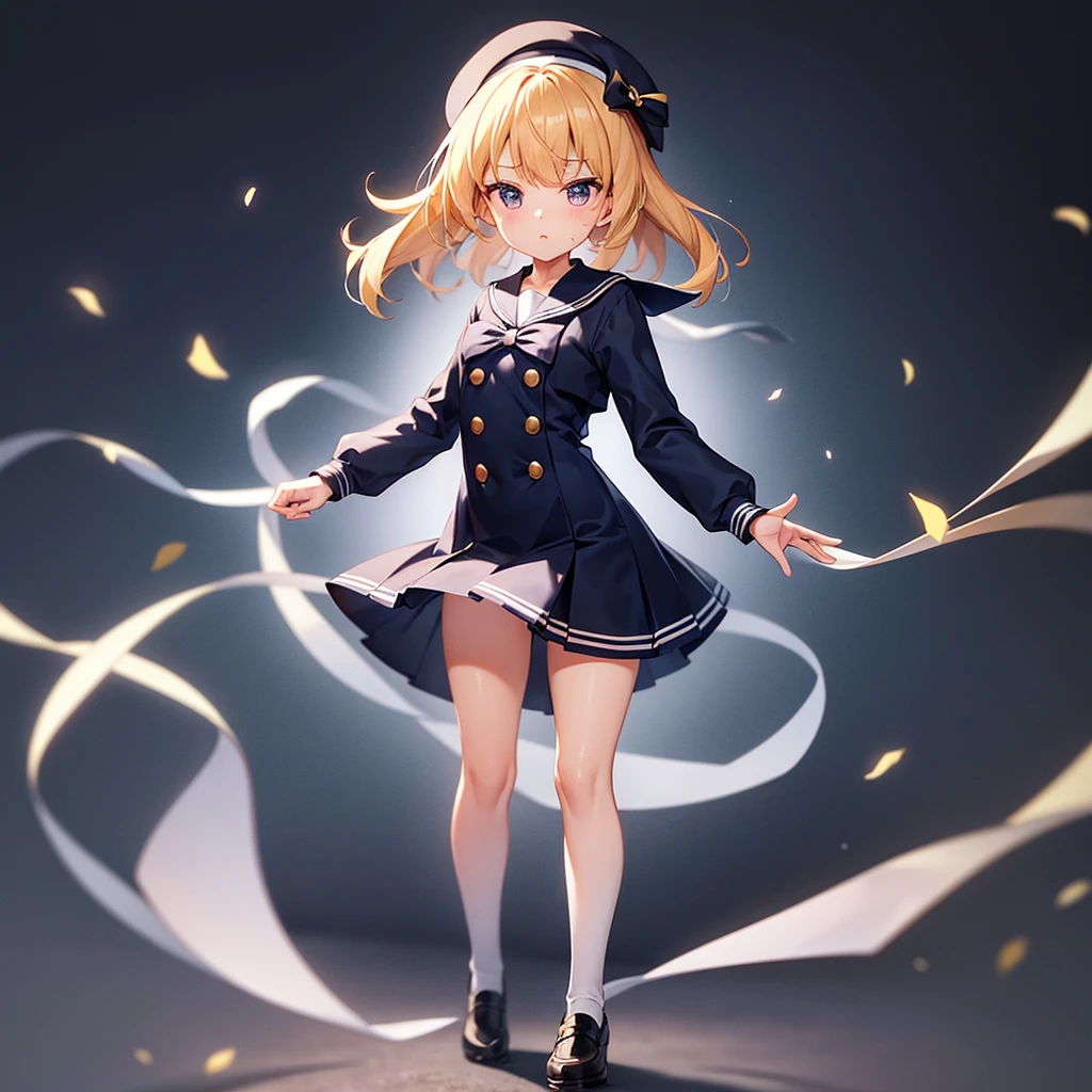 (Sailor suit),(((Navy Mini Skirt))),beret,,Cute little ,Tiny , girl,,Childish face, Very fine clean face,Top quality, Big eyes,Straight Hair,Yellow hair,Crimson Eye,(Dark Room), Subtle light, Natural light,Soft lighting,Light from directly behind, (Are standing), Cute pose, (Open your hands), Showing the whole body,Front view,Black background