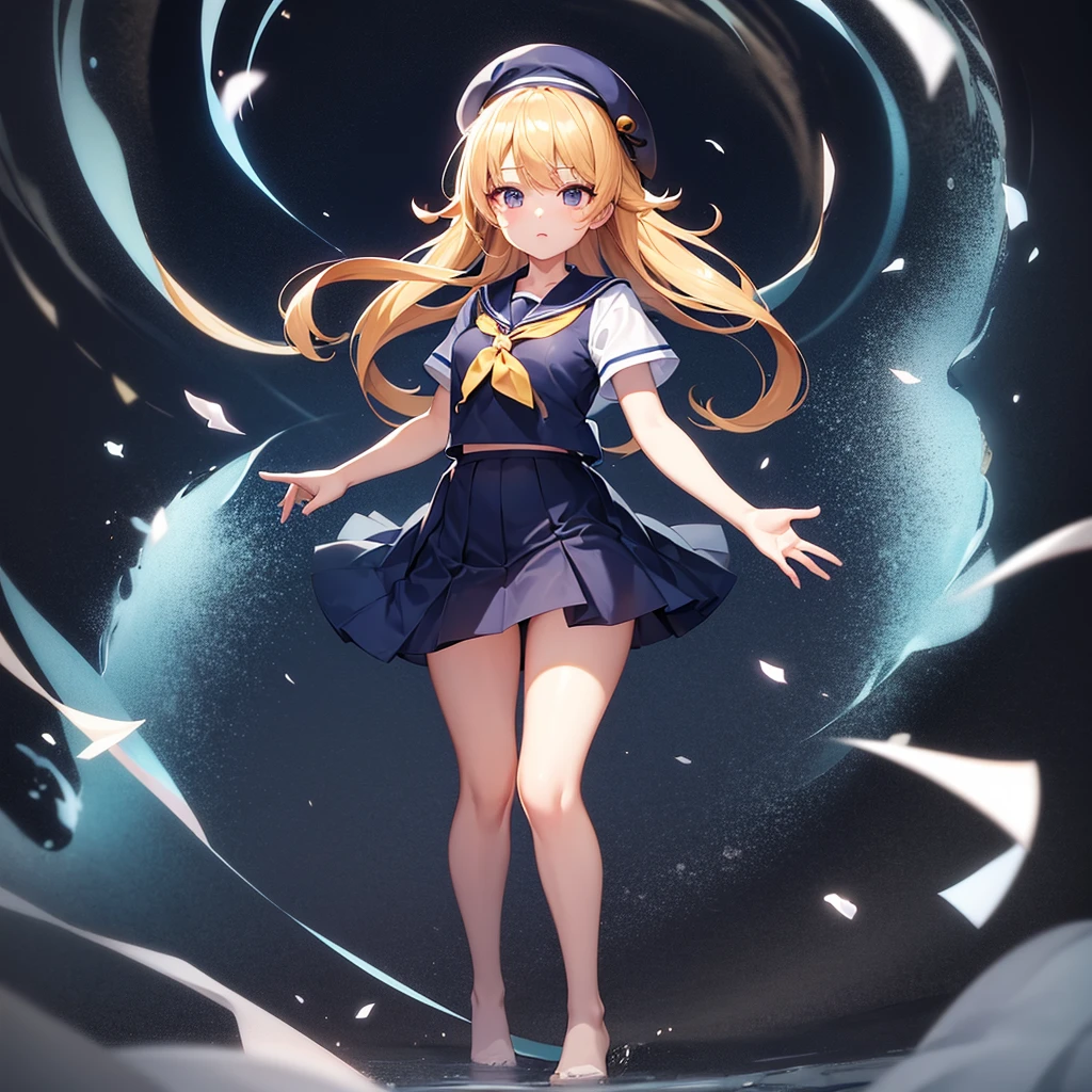 (Sailor suit),(((Navy Mini Skirt))),beret,,Cute little ,Tiny , girl,,Childish face, Very fine clean face,Top quality, Big eyes,Straight Hair,Yellow hair,Crimson Eye,(Dark Room), Subtle light, Natural light,Soft lighting,Light from directly behind, (Are standing), Cute pose, (Open your hands), Showing the whole body,Front view,Black background