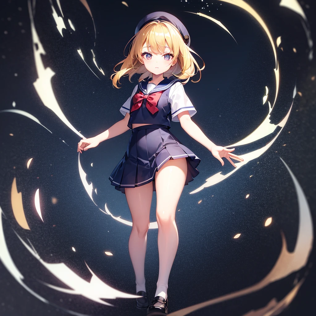 (Sailor suit),(((Navy Mini Skirt))),beret,,Cute little ,Tiny ,Small girl,,Childish face, Very fine clean face,Top quality, Big eyes,Straight Hair,Yellow hair,Crimson Eye,(Dark Room), Subtle light, Natural light,Soft lighting,Light from directly behind, (Are standing), Cute pose, (Open your hands), Showing the whole body,Front view,Black background