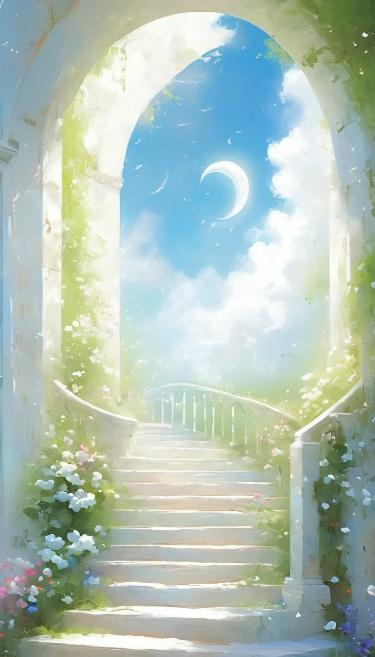 painting，Volume sense，A beautiful ethereal landscape, a long white cloud staircase leading to a door in a quiet blue sky, fluffy soft white clouds,Small Crescent， like a dream, fantastic, (best quality, 4K,8K, high resolution, Masterpiece :1.2), very detailed, (practical, photoppractical, Photo practical :1.37), landscape, fantasy, Dramatic lighting, bright colors, quiet, calming, calming, ethereal atmosphere