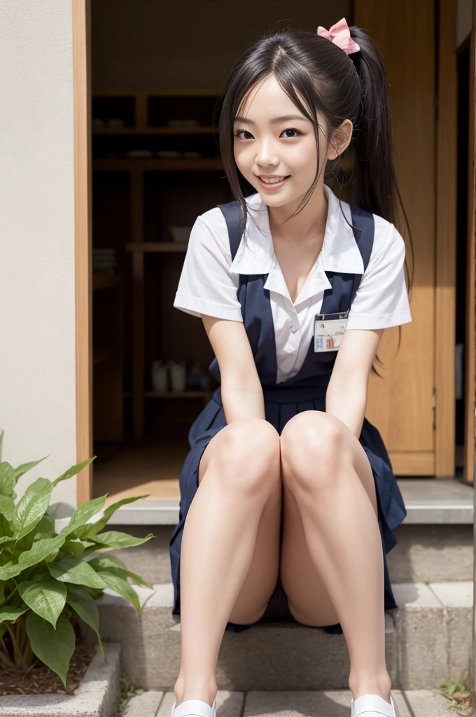 Pure Japanese school girl, sweet temptation, outstanding body, beautiful legs, wearing uniform, panty, ponytail, sweet smile, sitting, refreshing in early summer, composition from the front, 