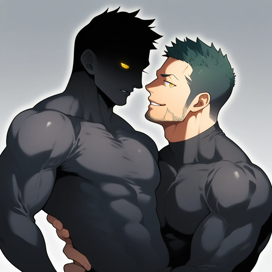 anime characters:Two superheroes in tights, Priapus and Muscle skinhead superhero, No Face,negro black skin, They hugged and kissed each other, Bite your neck, Caress, Manliness, male focus, Yellow and black high collar long sleeve tight T-shirt, Slightly transparent material, Very tight, Round, full and perky chest muscles, Muscle waist, Slightly transparent, muscular male, muscular, only, Upper body, alone, Black short hair, Thick eyebrows, stubble, Yellow eyes, Grey background, simple background, amazing quality, best aesthetics, Ridiculous, bright pupils, crew cut, parted lips, seductive smile, torogao, naughty face, drop shadow, best quality