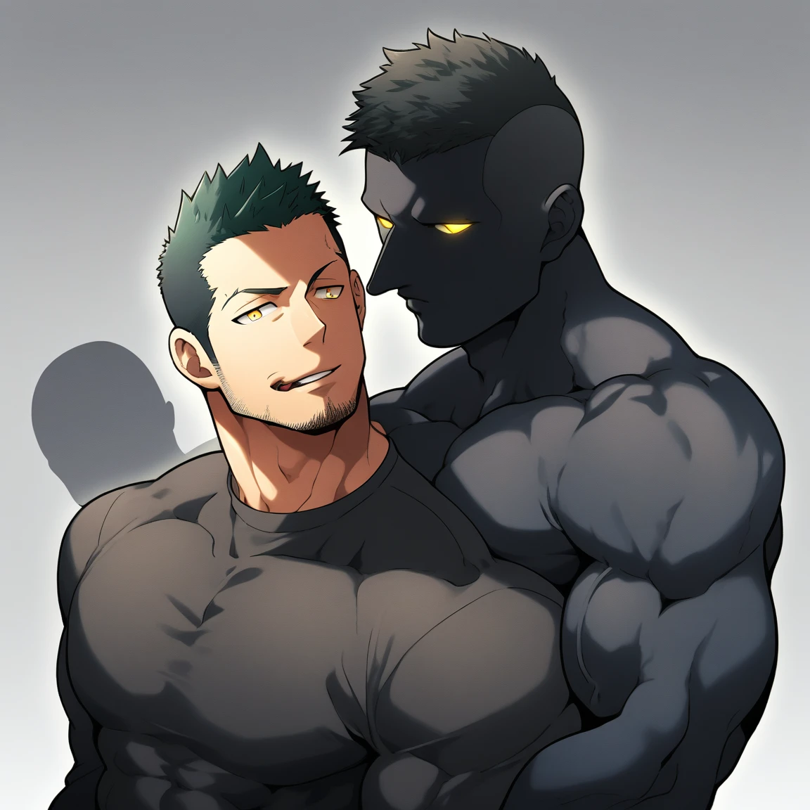 anime characters:Two superheroes in tights, Priapus and Muscle skinhead superhero, No Face,negro black skin, They hugged and kissed each other, Bite your neck, Caress, Manliness, male focus, Yellow and black high collar long sleeve tight T-shirt, Slightly transparent material, Very tight, Round, full and perky chest muscles, Muscle waist, Slightly transparent, muscular male, muscular, only, Upper body, alone, Black short hair, Thick eyebrows, stubble, Yellow eyes, Grey background, simple background, amazing quality, best aesthetics, Ridiculous, bright pupils, crew cut, parted lips, seductive smile, torogao, naughty face, drop shadow, best quality