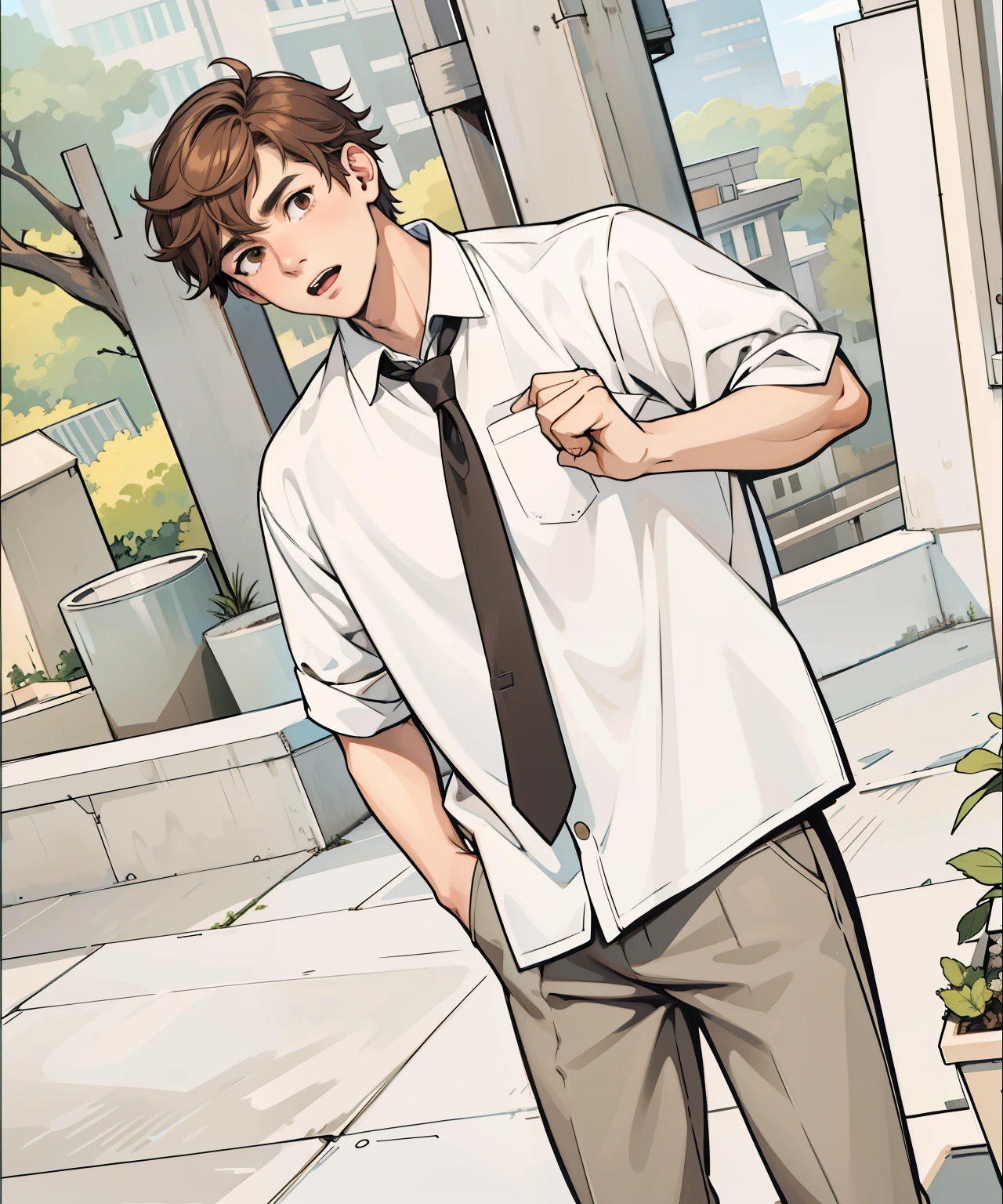 He is on the roof of the school, there are bars, he sees a city in the background, , brown hair, he is surprised to see someone in his favorite place, he is on the roof terrace, the highest floor of his school.