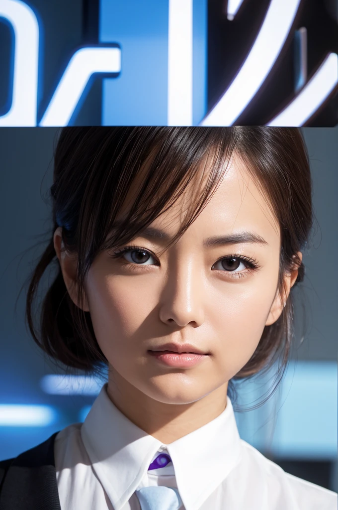 company employee、(body turned to the side、Shooting from the side、Look to the side,Shooting from the side:1.6),I haven't seen this、(General shirt、Wearing a white blouse、Wearing a typical business suit),(Her blouse is slightly open.,Only the fourth button is open、Button closed、Her breasts visible through the gap between the buttons、The edge of the bra is visible through the gap between the buttons..:1.5),Center of chest、thin、ponytail、Black Hair、beauty、23 years old、cute、smile、(Long shirt:1.8),Tucking the shirt into the skirt、Cleavage