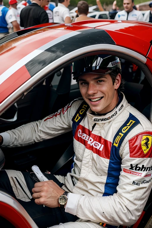 Draw a race car driver, sitting in a racing Ferrari, he just finished the race at the finish line, managed to take off his helmet and joyfully greets friends and fans