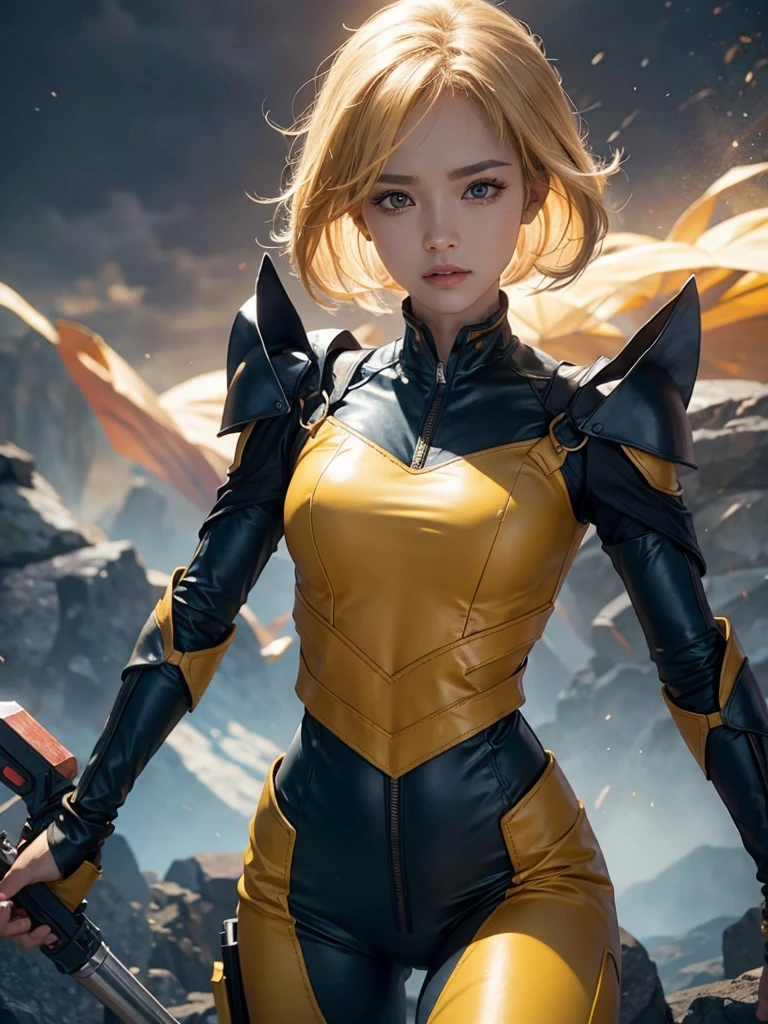 a powerful thunder ranger with a beautiful face, small breasts, wearing a tight suit, with yellow hair, wielding alien weapons, against a dramatic thunder backdrop, ultra-detailed, 8k, highly realistic, cinematic lighting, dramatic colors