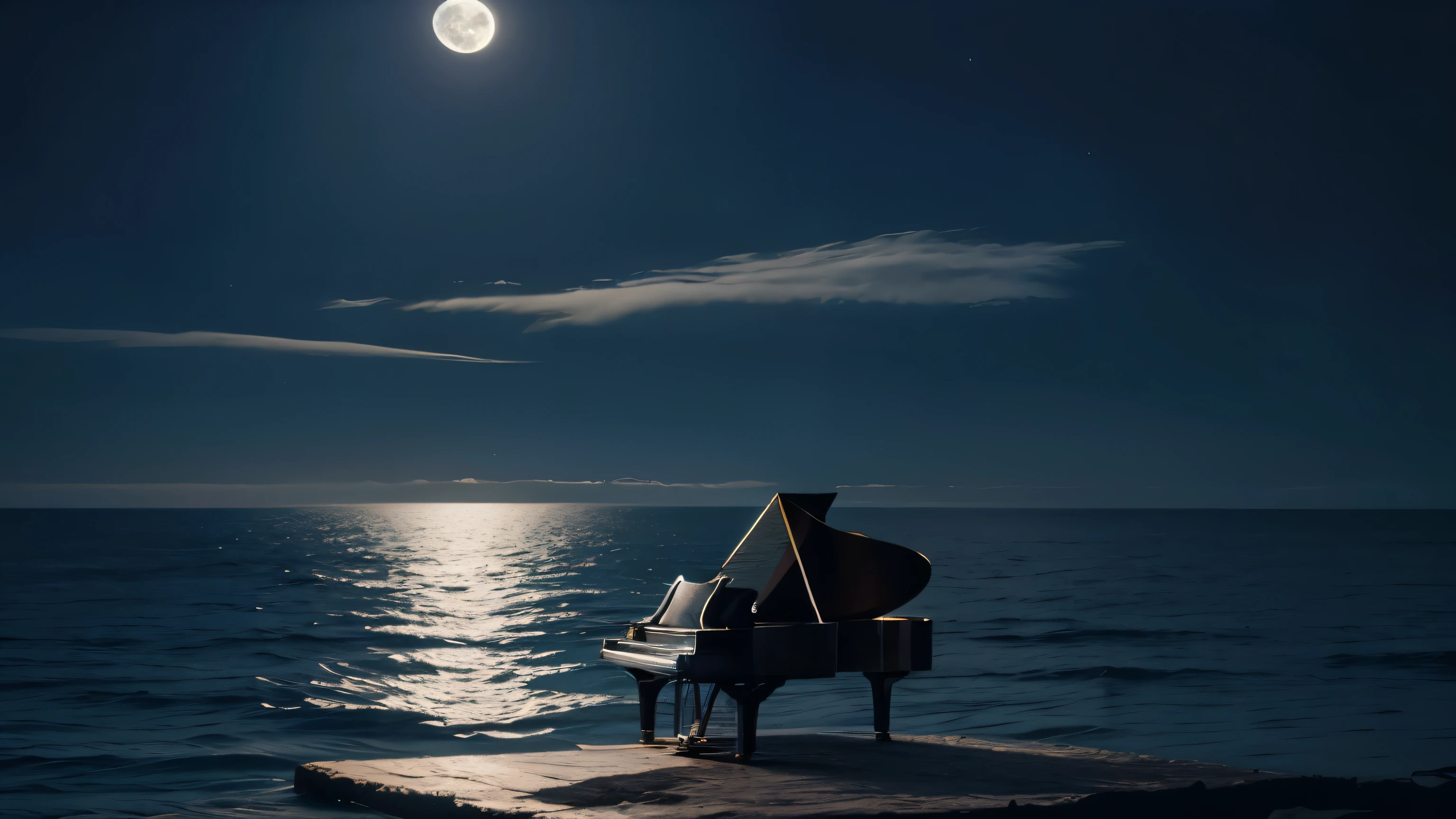 a piano levitating above the calm sea. Full moon in the sky reflecting light on the water
