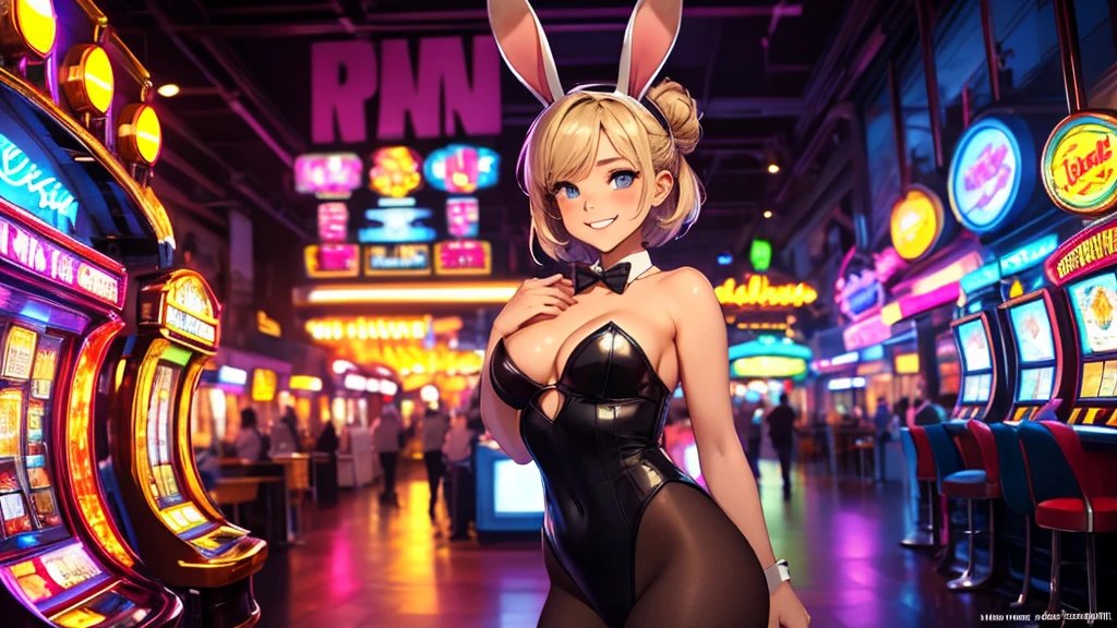 masterpiece, best quality, 1girl, solo, random face and hair, random pose, looking at viewer, breasts, playful, smiling, mature female, collarbone, janeporter, short hair, hair bun, playboy bunny, detached collar, fake animal ears, rabbit ears, rabbit tail, cyberpunk, neon lights, indoors, casino, yellow leotard, bowtie, depth of field,