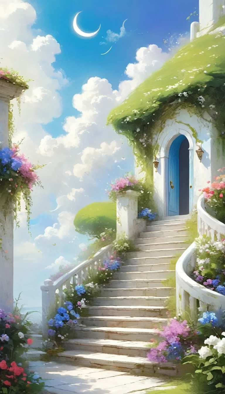 painting，Volume sense，A beautiful ethereal landscape, a long white cloud staircase leading to a door in a quiet blue sky, fluffy soft white clouds,Small Crescent， like a dream, fantastic, (best quality, 4K,8K, high resolution, Masterpiece :1.2), very detailed, (practical, photoppractical, Photo practical :1.37), landscape, fantasy, Dramatic lighting, bright colors, quiet, calming, calming, ethereal atmosphere