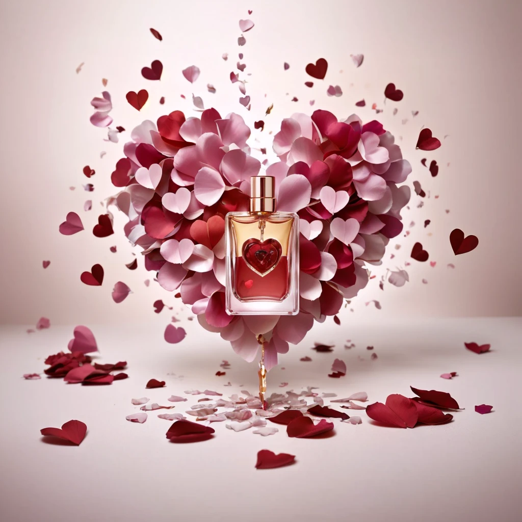 hanging perfume container spilling cascading red hearts transitioning with colorful rose petals to the floor, araffe heart shaped bottle of perfume with petals and hearts flying around, by Aleksander Kotsis, by Zofia Stryjenska, by Jakob Gauermann, by Arabella Rankin, by Emma Andijewska, by Anna Findlay, by Alfredo Volpi, by Mathias Kollros, by Gabriel Ba, by Anato Finnstark