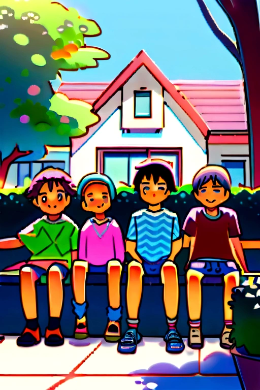 A group of young friends hanging out on a quiet street in a suburban neighborhood. Some are sitting on a curb, while others are standing or leaning on bicycles. The setting includes houses with trees and bushes in the background. The scene captures a relaxed, friendly atmosphere reminiscent of life before the internet, with kids enjoying each other's company outdoors.