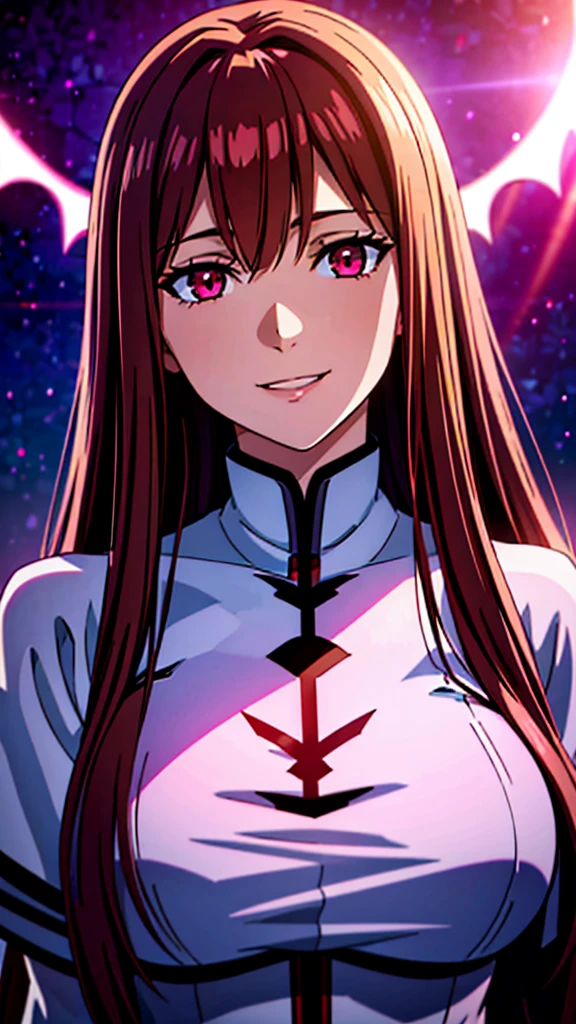 a beautiful detailed girl with long brown hair and bangs,extremely detailed blue and red eyes,a pink halo,big dark vampire wings,smiling,high quality,8k,photorealistic,ultra-detailed,realistic portrait,cinematic lighting,dramatic colors,dramatic atmosphere