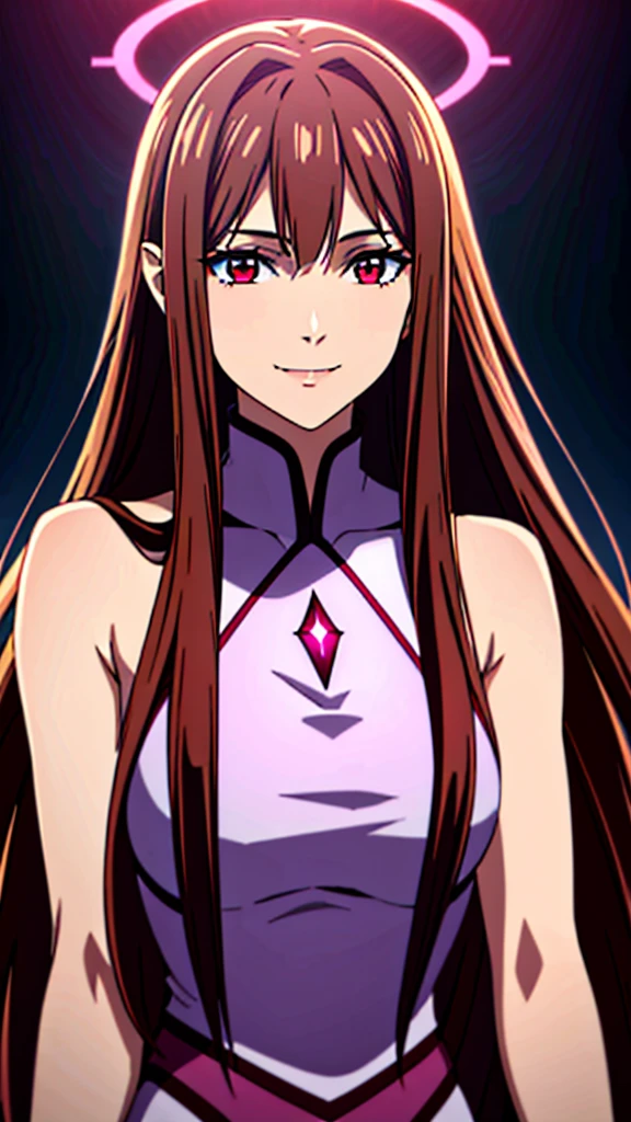 a beautiful detailed girl with long brown hair and bangs,extremely detailed blue and red eyes,a pink halo,big dark vampire wings,smiling,high quality,8k,photorealistic,ultra-detailed,realistic portrait,cinematic lighting,dramatic colors,dramatic atmosphere