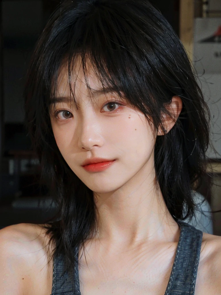 (Skin details:1.4), (smooth skin textures:1.3), (Upper body:1.4),(Upper Body:1.3)Lipstick, background, earrings, serene, calm, Suspenders,(Realistic and detailed eyes:1.2), Natural skin texture, Realistic facial details, Soft dramatic lighting, Vivid details, 35 mm film, outdoor, (Photo Practical:1.4), (hyper Practical:1.4), (Practical:1.3), (Smoother lighting:1.05), (Improve lighting quality:0.9), (Highest quality real skin textures:1.4), Exquisite eyes, Delicate face, Close-up of face, (Enhance the beauty of skin texture:1.1), Hair details,(Large Breasts:1.3)normal body ratio, short hair, Moles under the eyes, A faint smile,Portrait Photography, Depth of Field, Bokeh, Surrealism, Ray Tracing, (Portrait Photography:1.1), Surrealism, High Detail, Chiaroscuro, Ray Tracing, reflected light, Ultra HD, Ultra HD, masterpiece, Textured Skin, Super Detail, High Detail, high quality, best quality