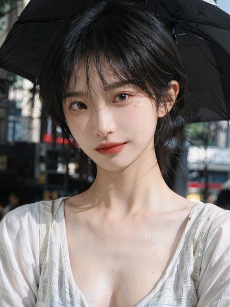 (Skin details:1.4), (smooth skin textures:1.3), (Upper body:1.4),(Upper Body:1.3)Lipstick, background, earrings, serene, calm, Suspenders,(Realistic and detailed eyes:1.2), Natural skin texture, Realistic facial details, Soft dramatic lighting, Vivid details, 35 mm film, outdoor, (Photo Practical:1.4), (hyper Practical:1.4), (Practical:1.3), (Smoother lighting:1.05), (Improve lighting quality:0.9), (Highest quality real skin textures:1.4), Exquisite eyes, Delicate face, Close-up of face, (Enhance the beauty of skin texture:1.1), Hair details,(Large Breasts:1.3)normal body ratio, short hair, Moles under the eyes, A faint smile,Portrait Photography, Depth of Field, Bokeh, Surrealism, Ray Tracing, (Portrait Photography:1.1), Surrealism, High Detail, Chiaroscuro, Ray Tracing, reflected light, Ultra HD, Ultra HD, masterpiece, Textured Skin, Super Detail, High Detail, high quality, best quality