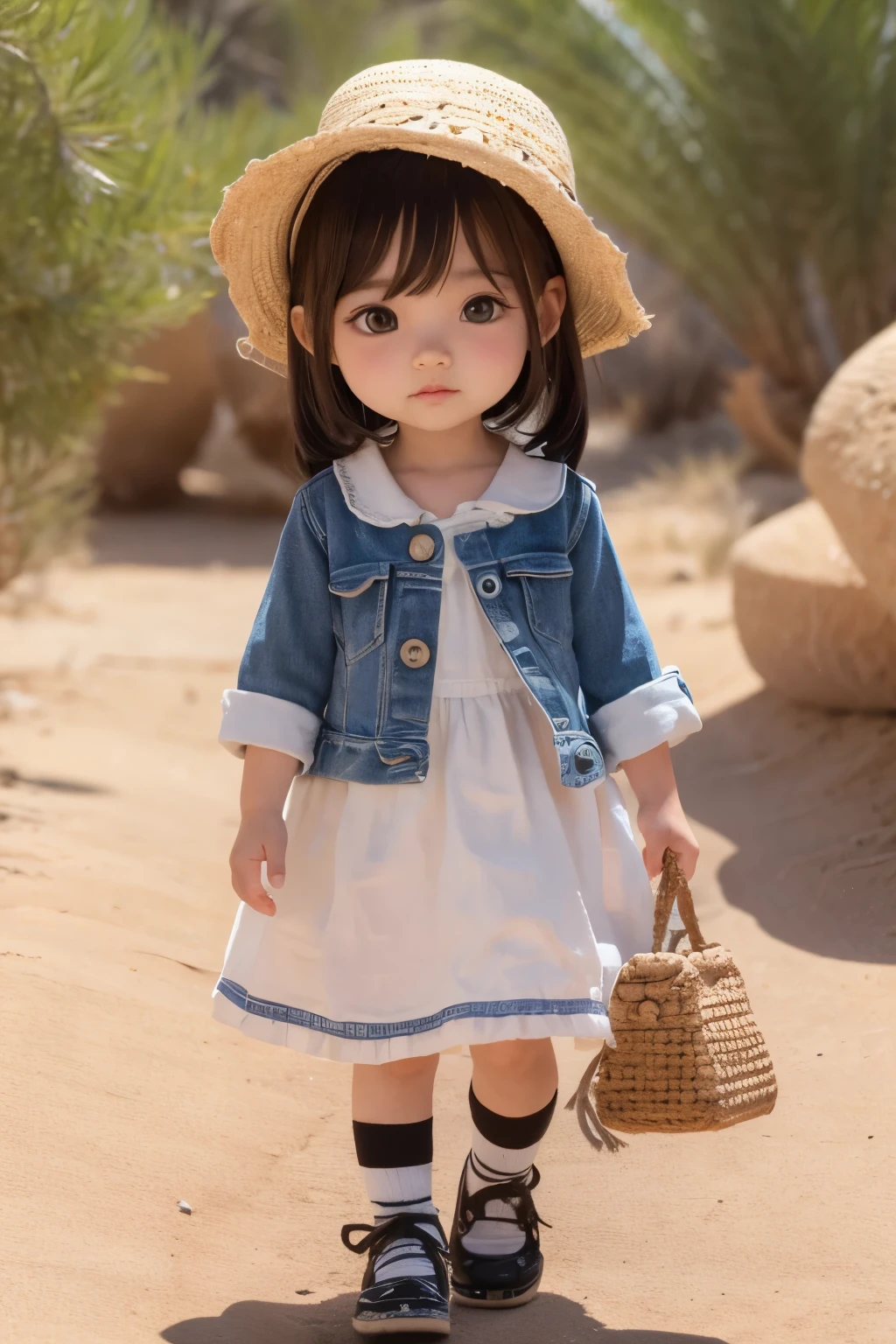 Chibi Girl、Walking through the desert under the scorching sun、Sweat、heat haze、Chunky shoes、Very detailed、Ultra-realistic、Photorealistic、8K、Hyperrealistic、masterpiece、Beautiful detailed eyes、Beautiful detailed lips、Very detailedな顔、Long eyelashes、Beautiful young girl、Beautiful lighting、Cinematic、Intricate details、Soft Focus、Depth of written boundary