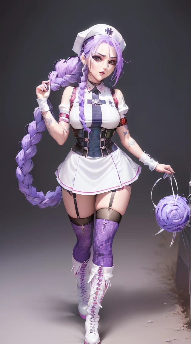 Jinx Nurse，Nurse Hat，(White nurse costume)，Rote Rose Tattoo am Arm，Blue twisted braid，Runaway Lori，League of Legends ，Full body，(knee-high boots)),purple rosin mesh leggings),(stand on one&#39;s feet)，The background is dark and hard，There is a feeling of danger and intensity, , (Shiny Assassin Ornaments),highres,keen focus,(ultra detailed,extremely detail),(photorealestices Kunstwerk:1.37),(extremely detail CG unity 8k wallpaper),(((bright colours,lively topic))),(complicated),(​masterpiece),(best quality),artistic photography,(Photography taken by SLDR),(complicated background),perfectly rendered face,perfect facial details,realistic face,photorealestic,((complicated detail)),(((真实感))),