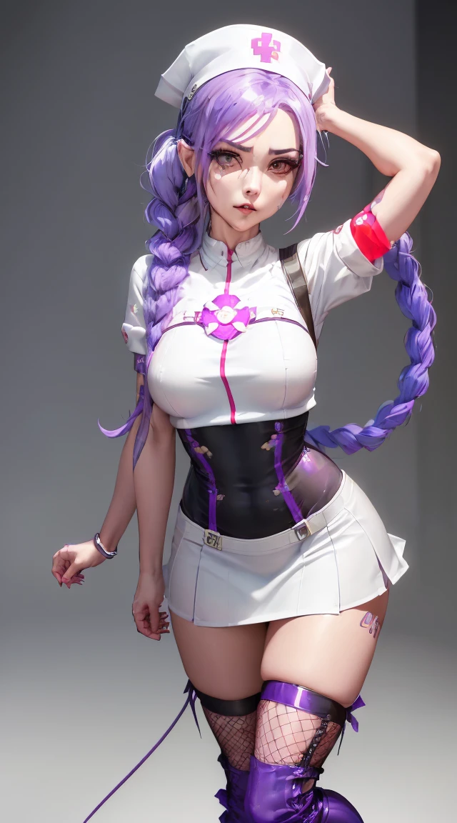 Jinx Nurse，Nurse Hat，(White nurse costume)，Rote Rose Tattoo am Arm，Blue twisted braid，Runaway Lori，League of Legends ，Full body，(knee-high boots)),purple rosin mesh leggings),(stand on one&#39;s feet)，The background is dark and hard，There is a feeling of danger and intensity, , (Shiny Assassin Ornaments),highres,keen focus,(ultra detailed,extremely detail),(photorealestices Kunstwerk:1.37),(extremely detail CG unity 8k wallpaper),(((bright colours,lively topic))),(complicated),(​masterpiece),(best quality),artistic photography,(Photography taken by SLDR),(complicated background),perfectly rendered face,perfect facial details,realistic face,photorealestic,((complicated detail)),(((真实感))),