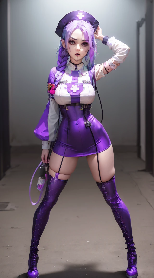 Jinx Nurse，Nurse Hat，(White nurse costume)，Rote Rose Tattoo am Arm，Blue twisted braid，Runaway Lori，League of Legends ，Full body，(knee-high boots)),purple rosin mesh leggings),(stand on one&#39;s feet)，The background is dark and hard，There is a feeling of danger and intensity, , (Shiny Assassin Ornaments),highres,keen focus,(ultra detailed,extremely detail),(photorealestices Kunstwerk:1.37),(extremely detail CG unity 8k wallpaper),(((bright colours,lively topic))),(complicated),(​masterpiece),(best quality),artistic photography,(Photography taken by SLDR),(complicated background),perfectly rendered face,perfect facial details,realistic face,photorealestic,((complicated detail)),(((真实感))),