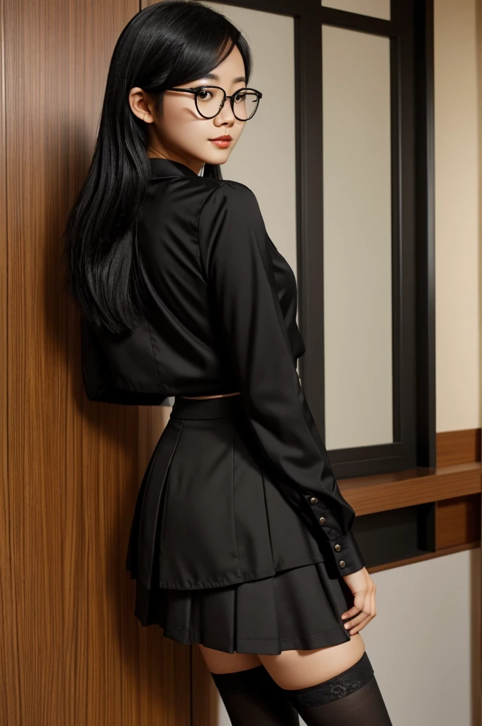 Girl of Japanese descent black hair with glasses ,black colored blouse,black skirt , with black knee-high stockings,medium bust body and medium back