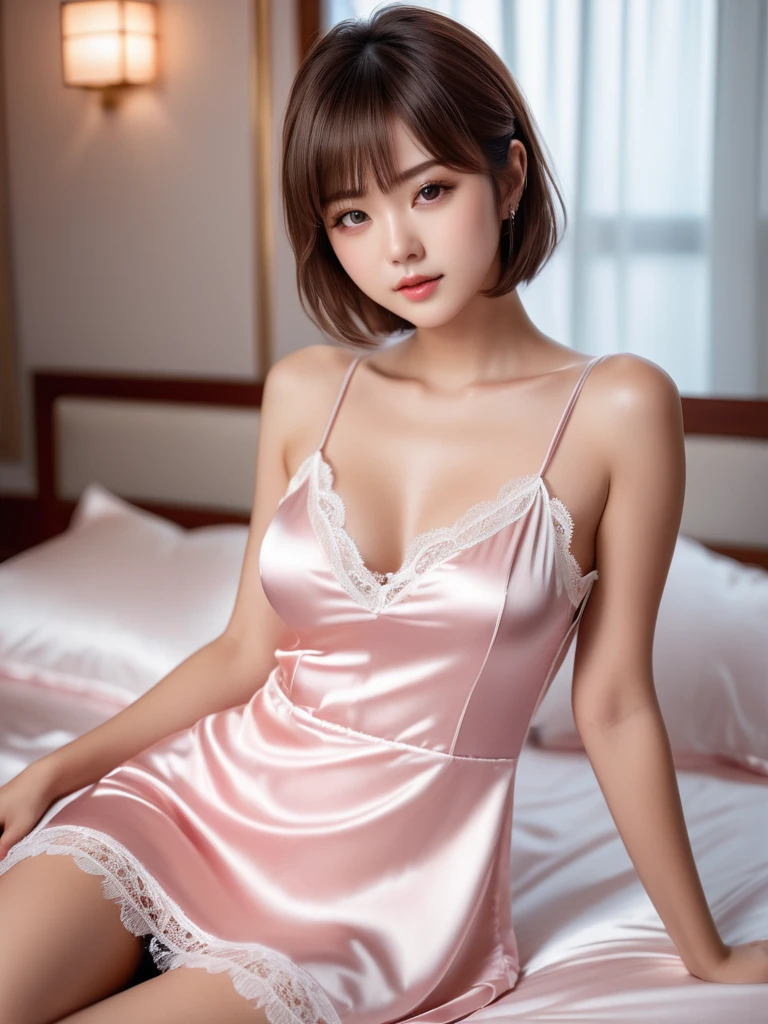 masterpiece, 1 woman per 1photo, full body shot, front view, a Japanese young pretty woman, hyper pretty face, 18 years old, short hair, sitting on a silk bed, wearing only a sleeveless silky satin light pink chemise with white laces, busty, wet body, glossy lips, glamorous figure, silk pillow, silk bed sheets, double eyelids in both eyes, natural makeup, long eyelashes, shiny smooth light brown hair, asymmetrical bangs, fair skin, central image, 8K resolution, high detail, detailed hairstyle, detailed face, spectacular cinematic lighting, octane rendering, vibrant, hyper realistic, perfect limbs, perfect anatomy
