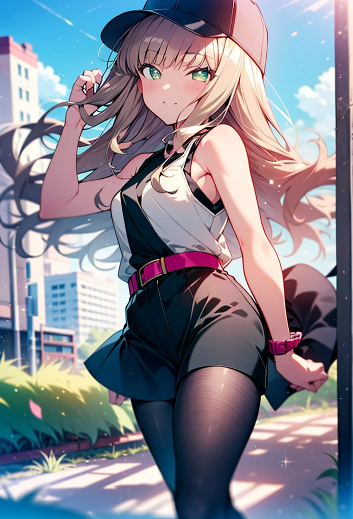 minami yume ,sss Dynazenon ,Long Hair, Brown Hair, (Green Eyes:1.5) ,blush,smile,hair band,Sleeveless shirt,Baseball cap,Long skirt,sneakers,Daytime,Clear skies,Walking,whole bodyがイラストに入るように,　　　　　　break　looking at viewer, whole body, 　　　　　　　break outdoors ,Building district,　　　　　　　　　　　　break (masterpiece:1.2), Highest quality, High resolution, unity 8k wallpaper, (shape:0.8), (Beautiful and beautiful eyes:1.6), Highly detailed face, Perfect lighting, Extremely detailed CG, (Perfect hands, Perfect Anatomy),