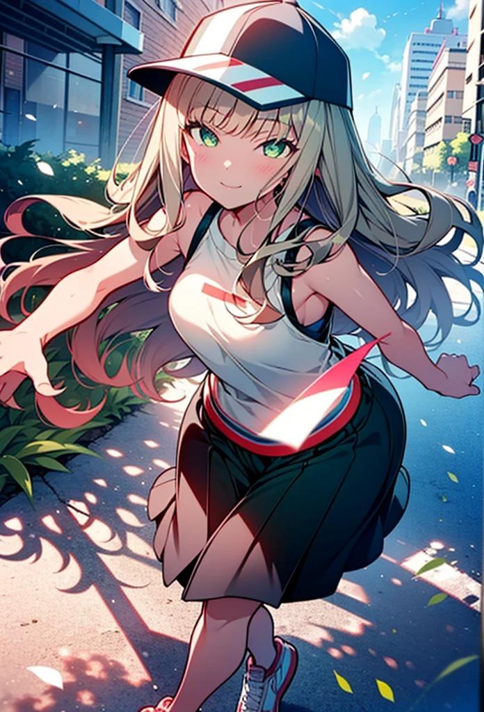 minami yume ,sss Dynazenon ,Long Hair, Brown Hair, (Green Eyes:1.5) ,blush,smile,hair band,Sleeveless shirt,Baseball cap,Long skirt,sneakers,Daytime,Clear skies,Walking,whole bodyがイラストに入るように, break looking at viewer, whole body, break outdoors ,Building district, break (masterpiece:1.2), Highest quality, High resolution, unity 8k wallpaper, (shape:0.8), (Beautiful and beautiful eyes:1.6), Highly detailed face, Perfect lighting, Extremely detailed CG, (Perfect hands, Perfect Anatomy),