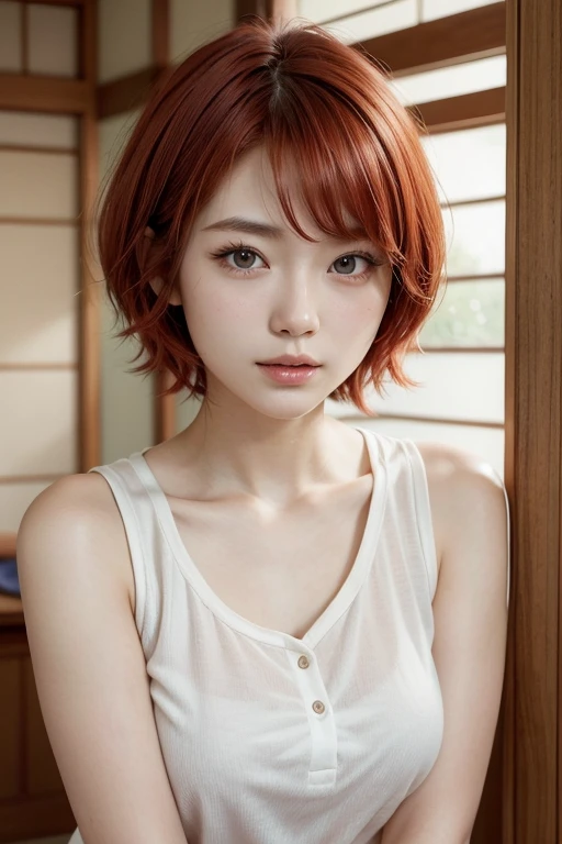 A beautiful and well-behaved Japanese woman,Short hair  Light and strong red hair, beautiful face,Sleeveless shirt 