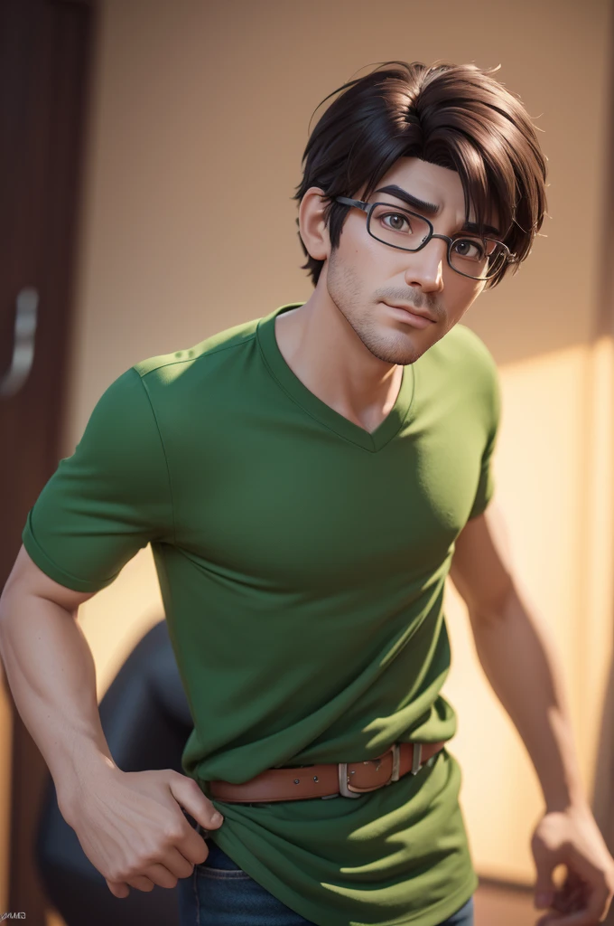 Cartoon character of a man in a green shirt, animation character, stylized character, animation style rendering, 3d stylized, Rendering of amusingly, Stylized 3D rendering, toon render screenshot, 3d character, 3d character, Stylized 3D rendering, 3D character rendering, cartoon character, Personagem de close up, character posing, (Pixar-style) (master part:1.2) (bokeh) (best qualityer) (skin detailed) (detailed texture) (8K) (Argilla) (cinematic lighting) (sharp focus